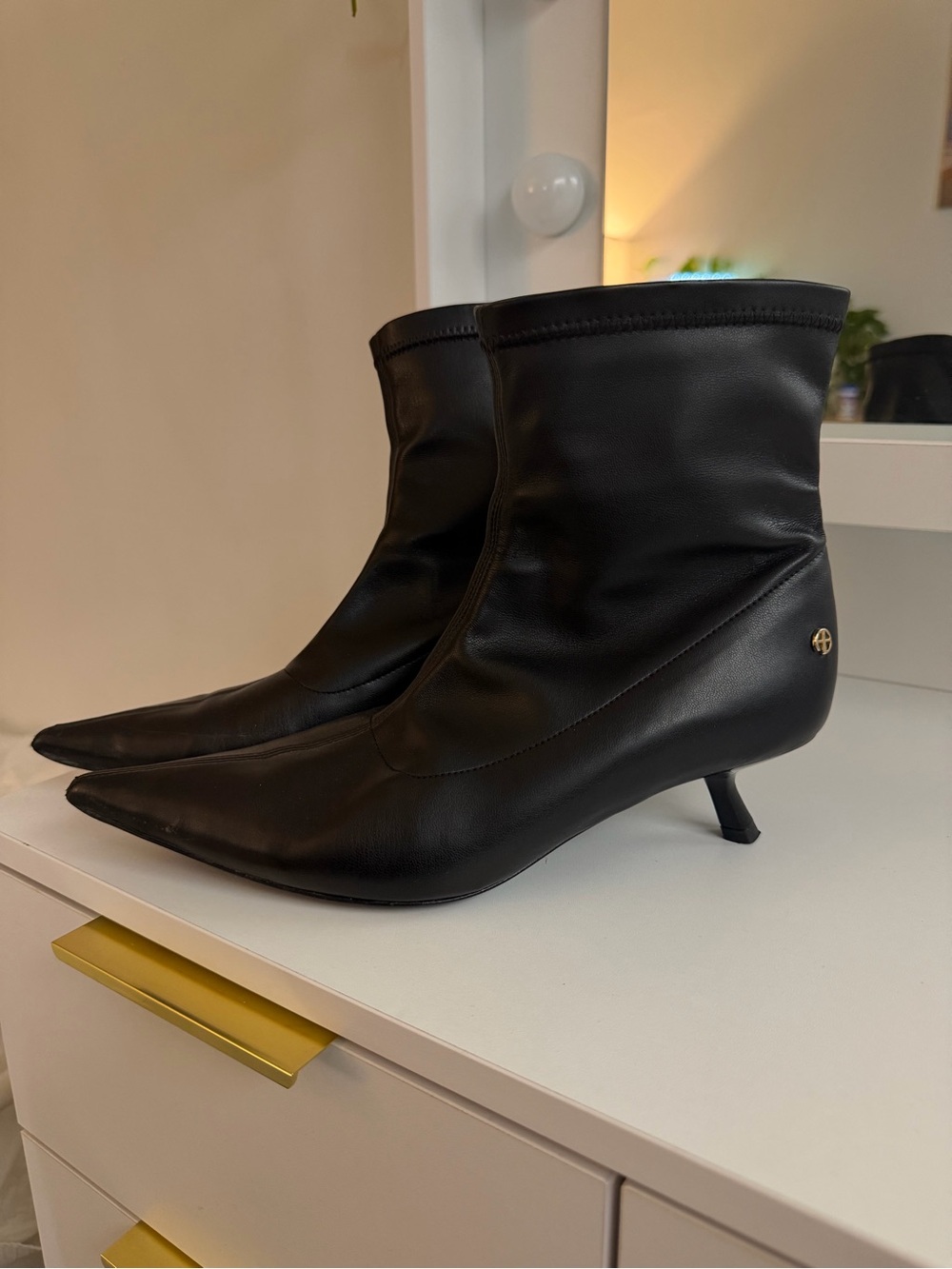 Anine Bing Black Pointed Leather Kitten Heel Ankle Boots